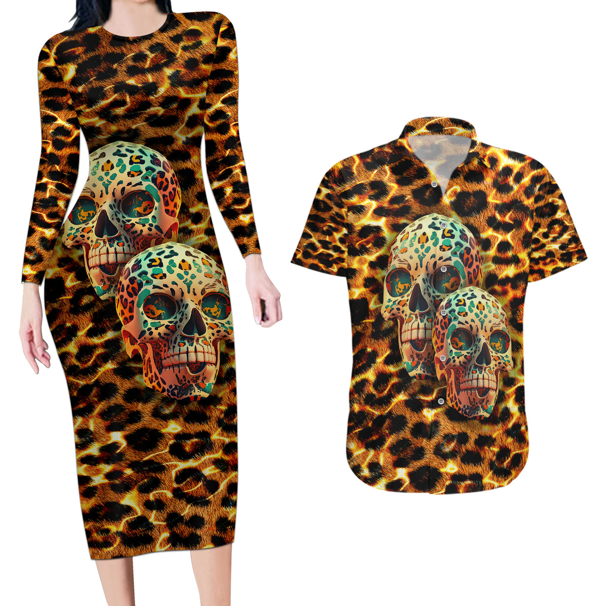 Leopard Skull Couples Matching Long Sleeve Bodycon Dress and Hawaiian Shirt Dead Inside - Wonder Print Shop