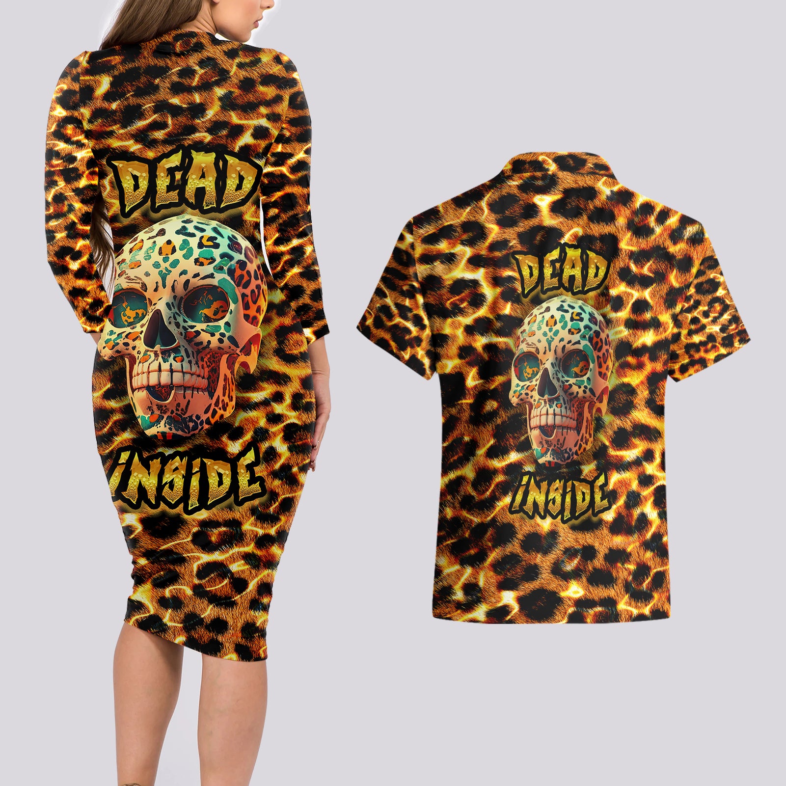 Leopard Skull Couples Matching Long Sleeve Bodycon Dress and Hawaiian Shirt Dead Inside - Wonder Print Shop