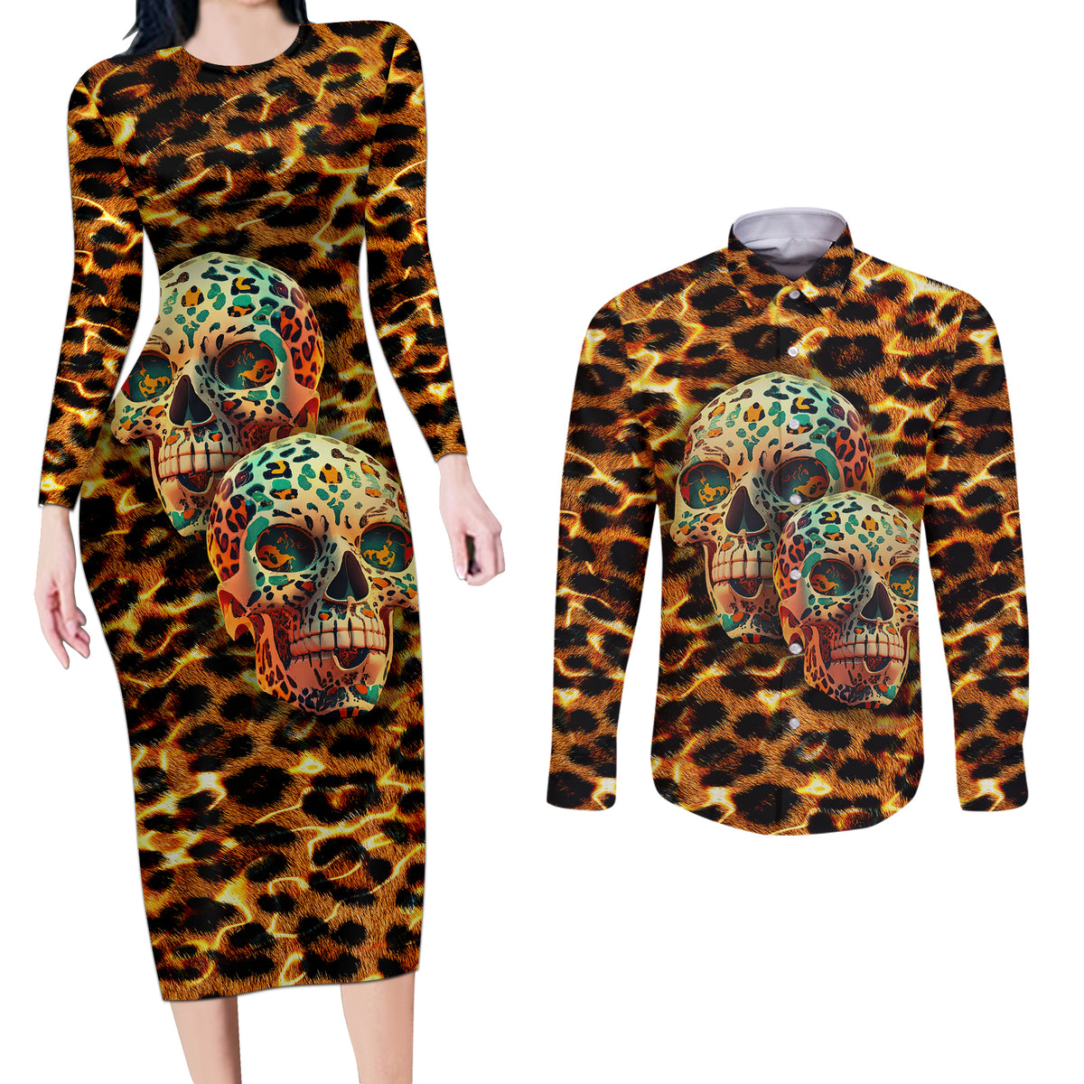 Leopard Skull Couples Matching Long Sleeve Bodycon Dress and Long Sleeve Button Shirts Dead Inside - Wonder Print Shop