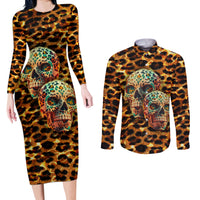 Leopard Skull Couples Matching Long Sleeve Bodycon Dress and Long Sleeve Button Shirts Dead Inside - Wonder Print Shop