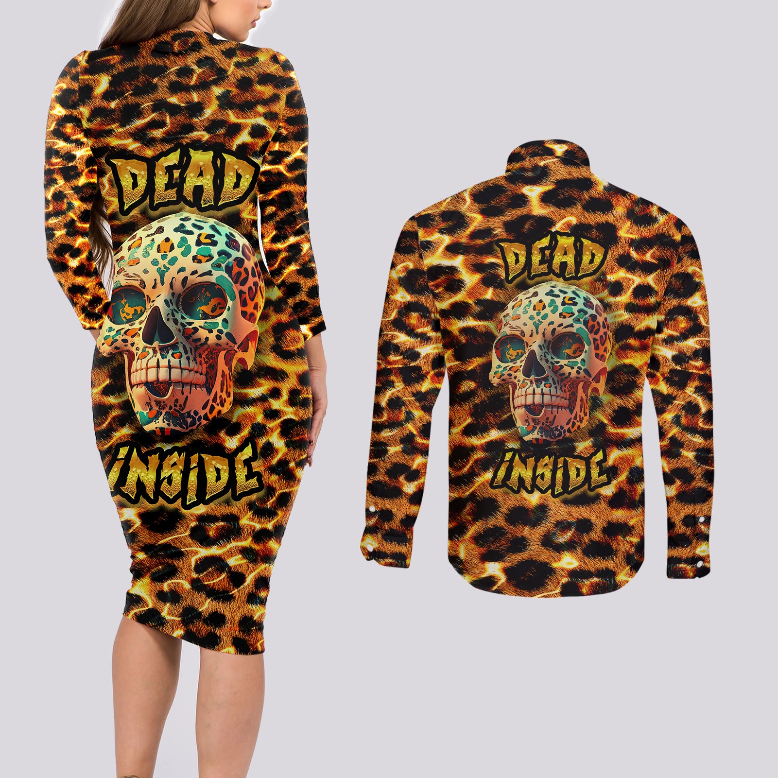 Leopard Skull Couples Matching Long Sleeve Bodycon Dress and Long Sleeve Button Shirts Dead Inside - Wonder Print Shop