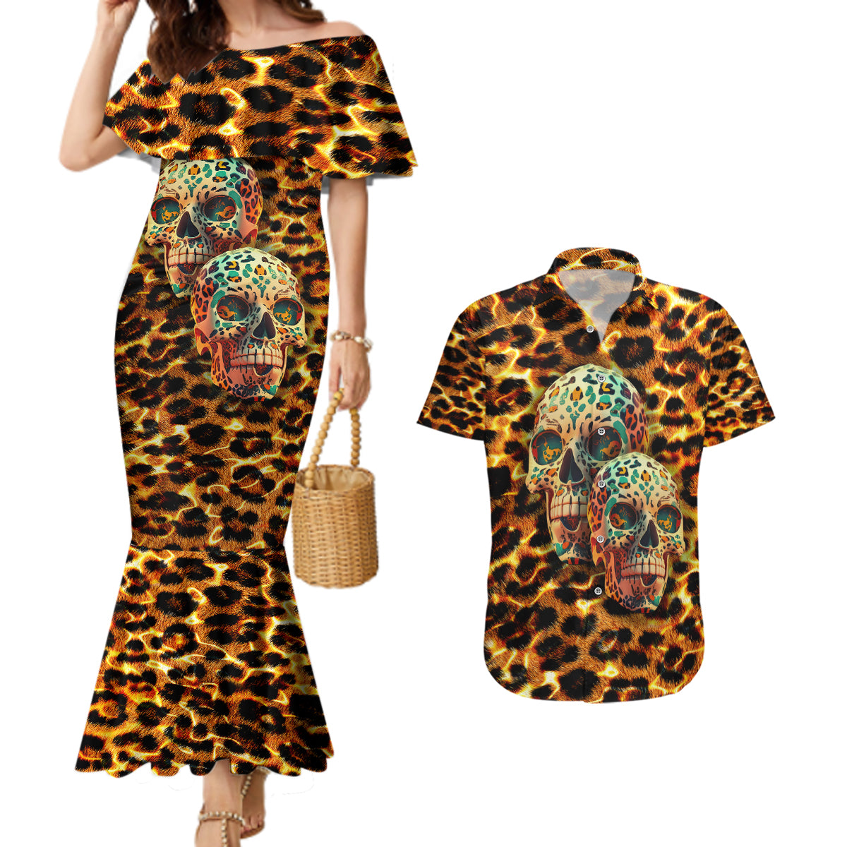 Leopard Skull Couples Matching Mermaid Dress and Hawaiian Shirt Dead Inside - Wonder Print Shop