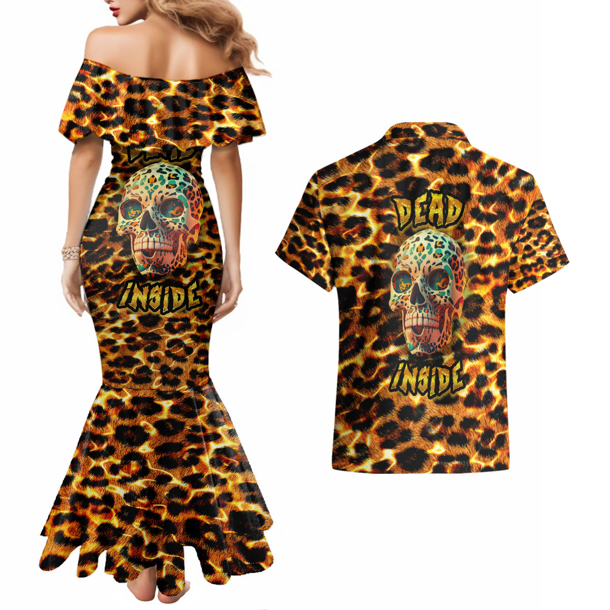 Leopard Skull Couples Matching Mermaid Dress and Hawaiian Shirt Dead Inside - Wonder Print Shop