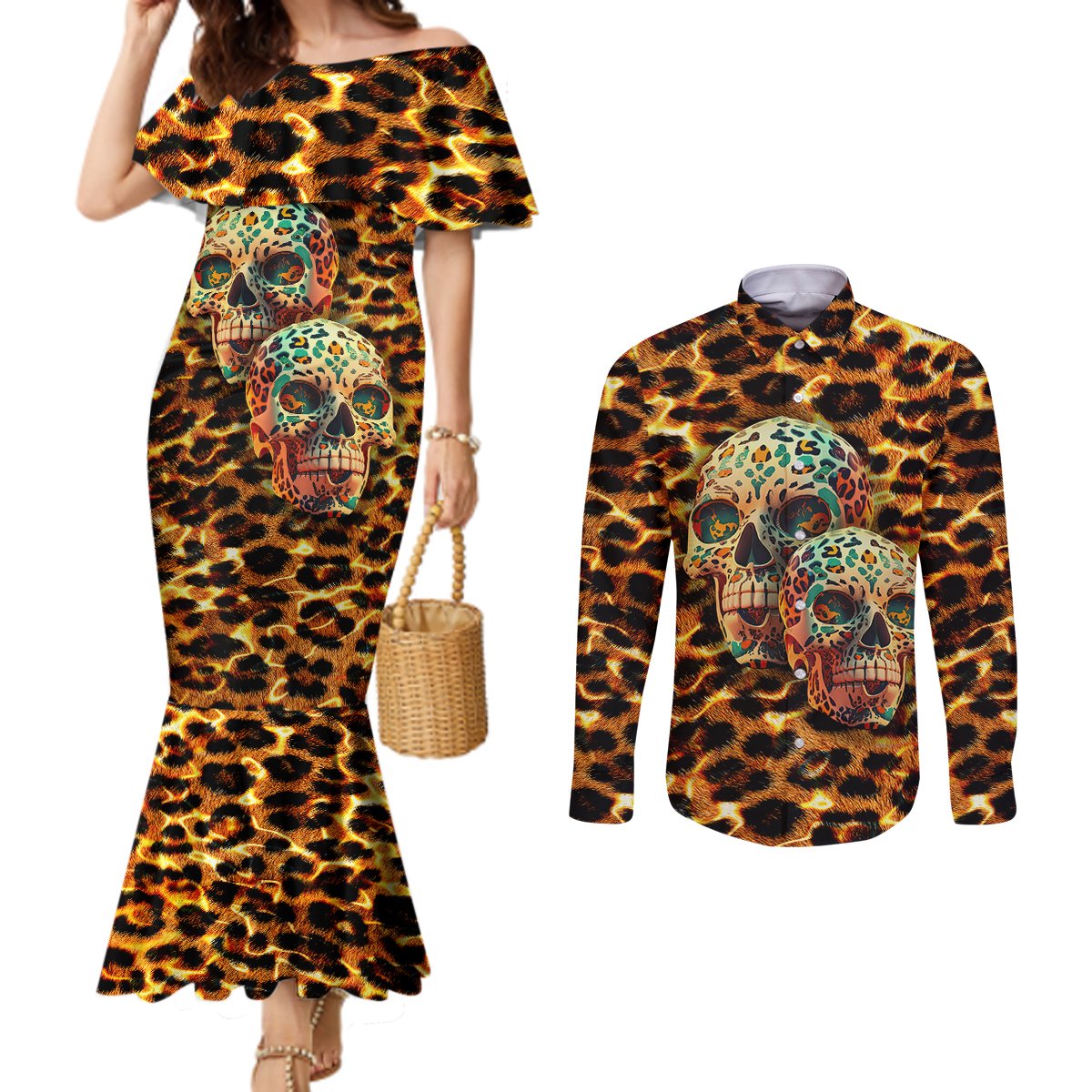 leopard-skull-couples-matching-mermaid-dress-and-long-sleeve-button-shirts-dead-inside