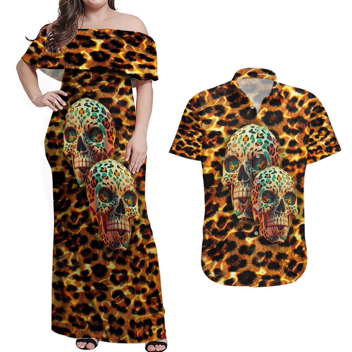 Leopard Skull Couples Matching Off Shoulder Maxi Dress and Hawaiian Shirt Dead Inside - Wonder Print Shop