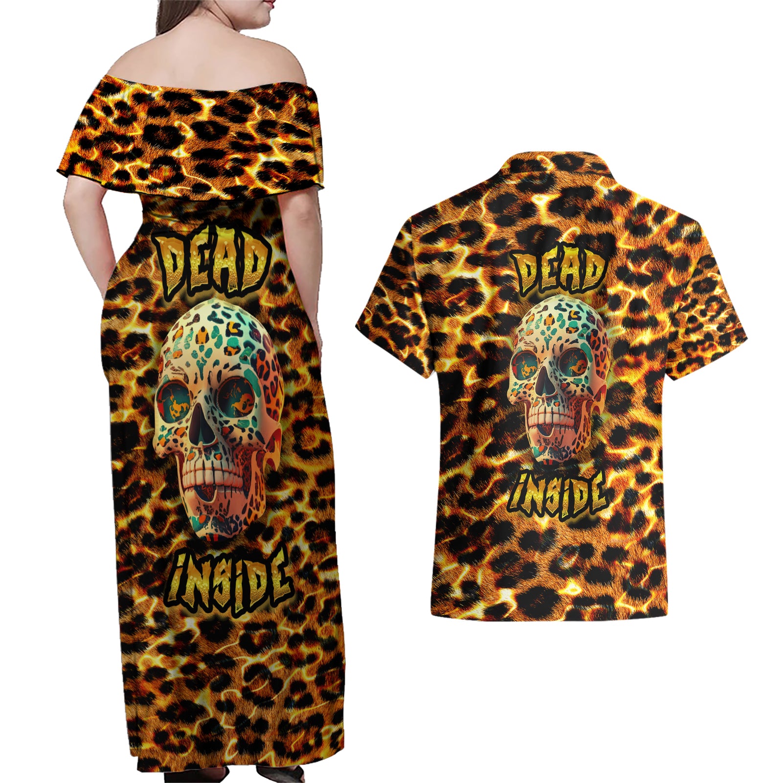 Leopard Skull Couples Matching Off Shoulder Maxi Dress and Hawaiian Shirt Dead Inside - Wonder Print Shop