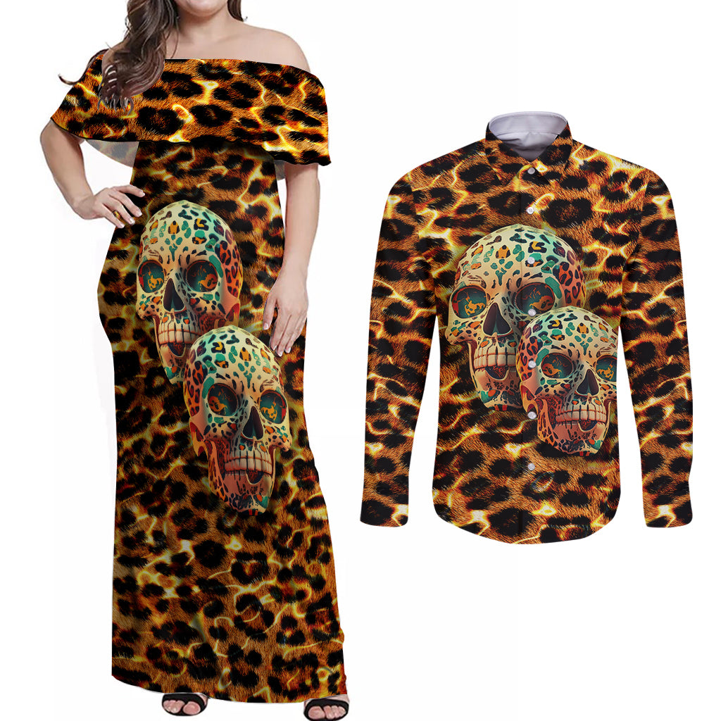 Leopard Skull Couples Matching Off Shoulder Maxi Dress and Long Sleeve Button Shirts Dead Inside - Wonder Print Shop
