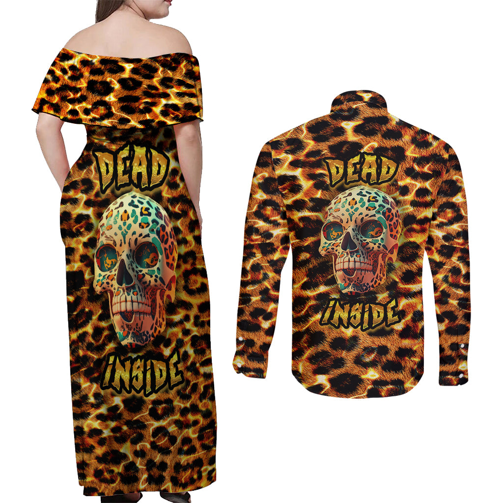 Leopard Skull Couples Matching Off Shoulder Maxi Dress and Long Sleeve Button Shirts Dead Inside - Wonder Print Shop