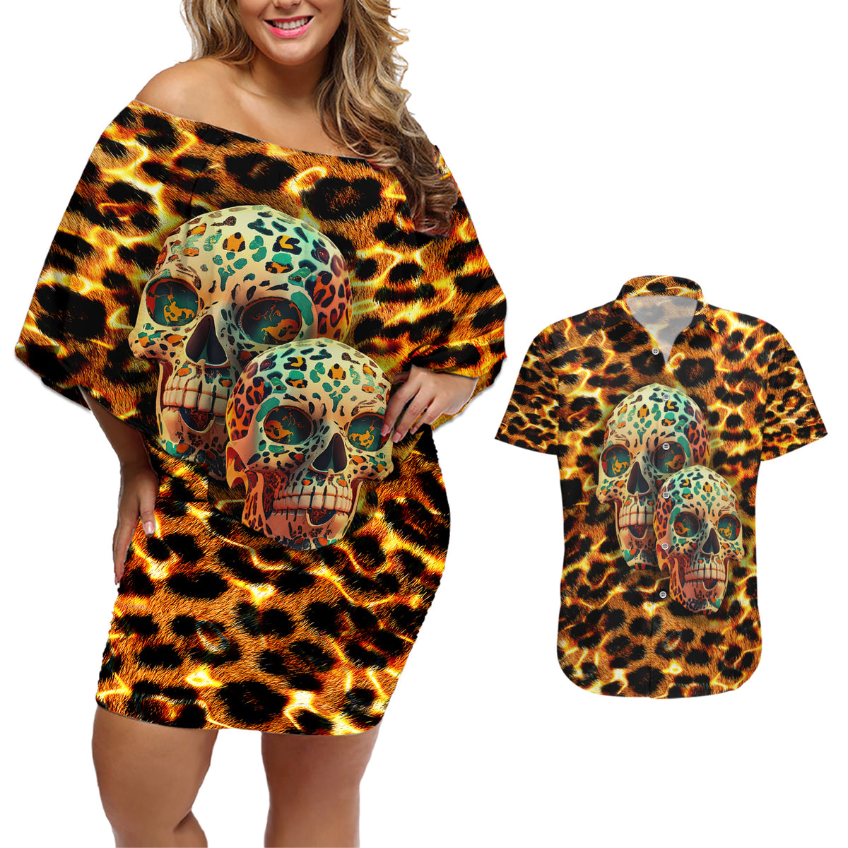 Leopard Skull Couples Matching Off Shoulder Short Dress and Hawaiian Shirt Dead Inside - Wonder Print Shop