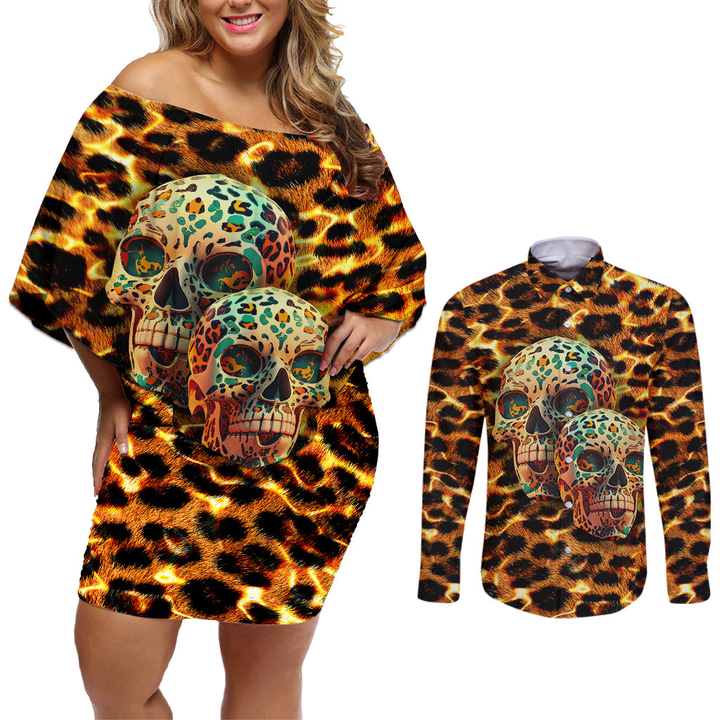 Leopard Skull Couples Matching Off Shoulder Short Dress and Long Sleeve Button Shirts Dead Inside - Wonder Print Shop