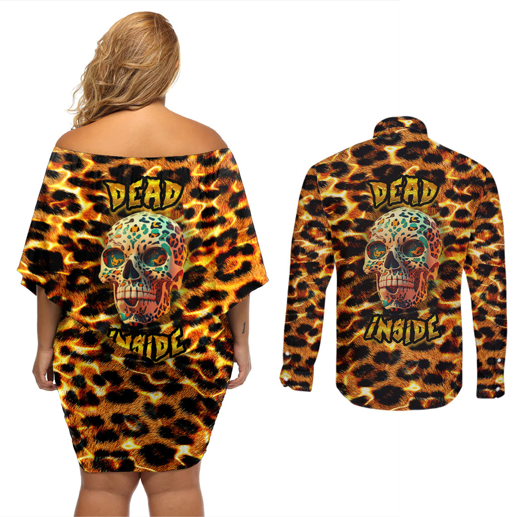 Leopard Skull Couples Matching Off Shoulder Short Dress and Long Sleeve Button Shirts Dead Inside - Wonder Print Shop