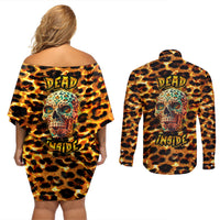 Leopard Skull Couples Matching Off Shoulder Short Dress and Long Sleeve Button Shirts Dead Inside - Wonder Print Shop