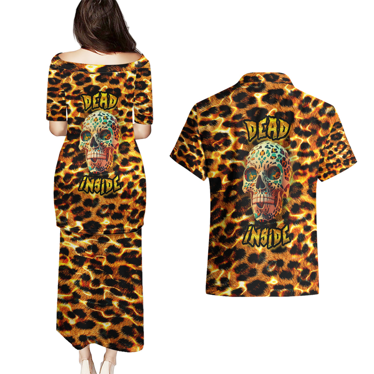 Leopard Skull Couples Matching Puletasi Dress and Hawaiian Shirt Dead Inside - Wonder Print Shop