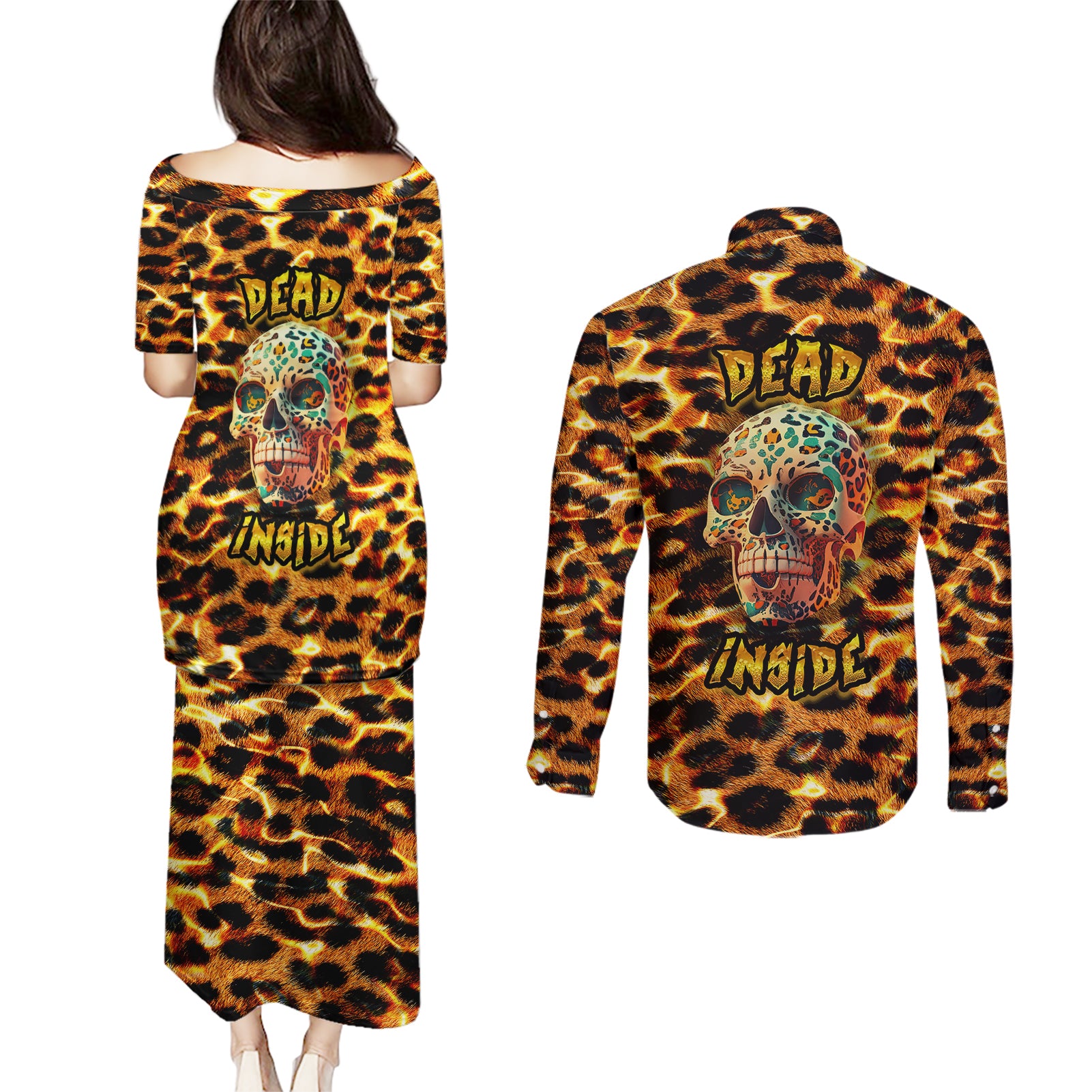 Leopard Skull Couples Matching Puletasi Dress and Long Sleeve Button Shirts Dead Inside - Wonder Print Shop