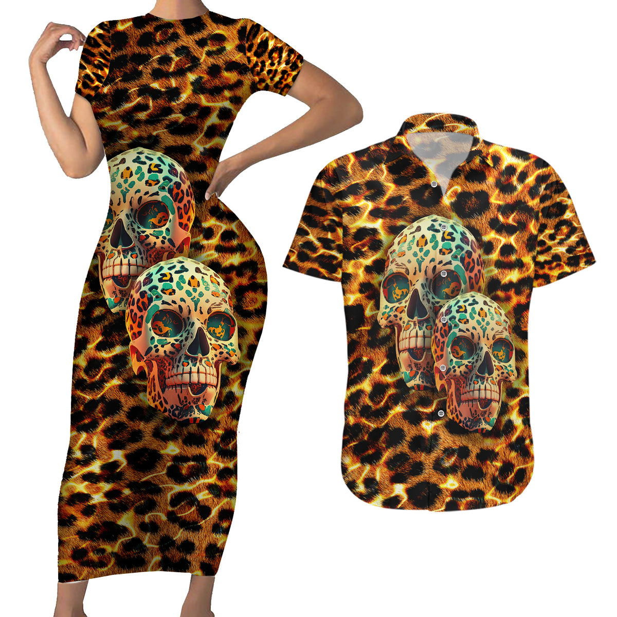 Leopard Skull Couples Matching Short Sleeve Bodycon Dress and Hawaiian Shirt Dead Inside - Wonder Print Shop