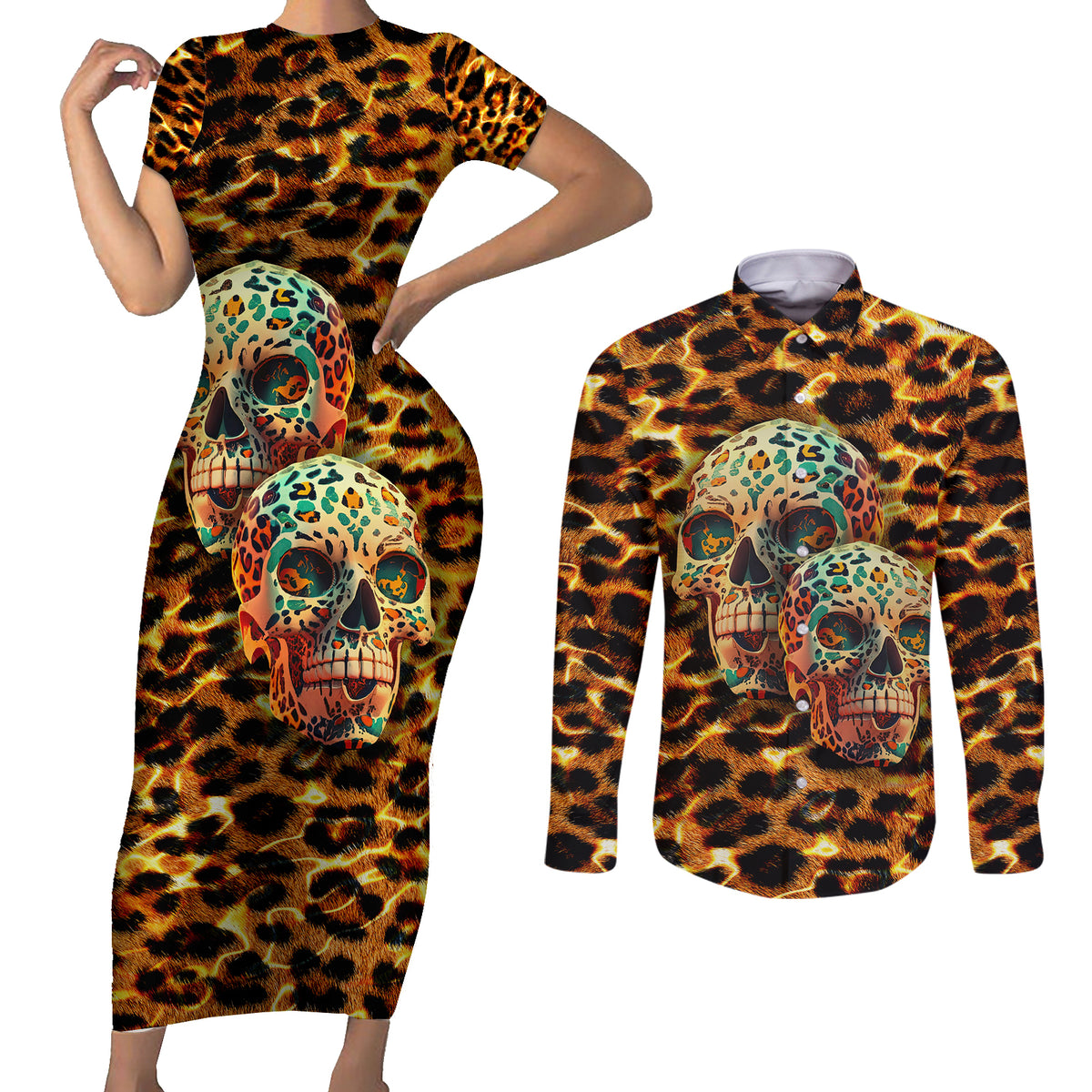 Leopard Skull Couples Matching Short Sleeve Bodycon Dress and Long Sleeve Button Shirts Dead Inside - Wonder Print Shop