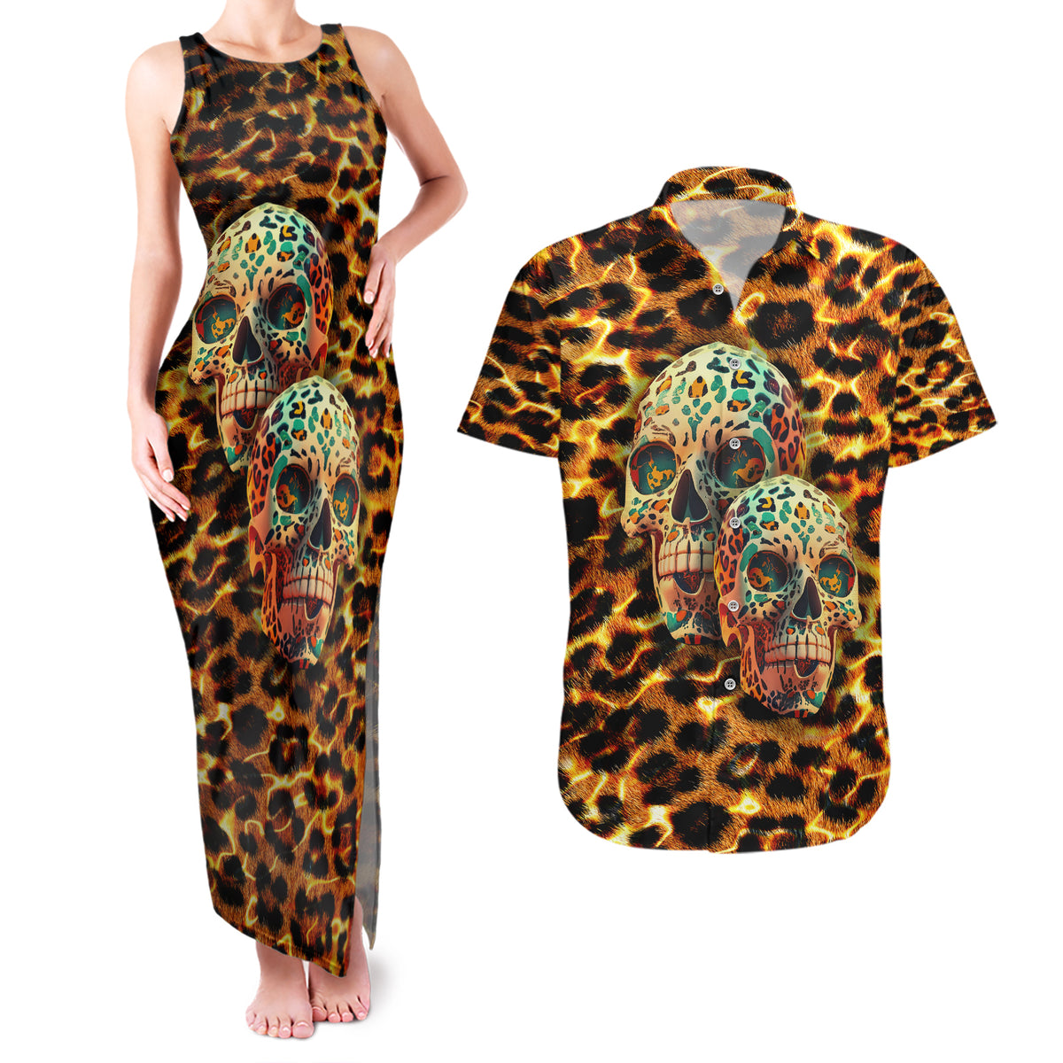 Leopard Skull Couples Matching Tank Maxi Dress and Hawaiian Shirt Dead Inside - Wonder Print Shop