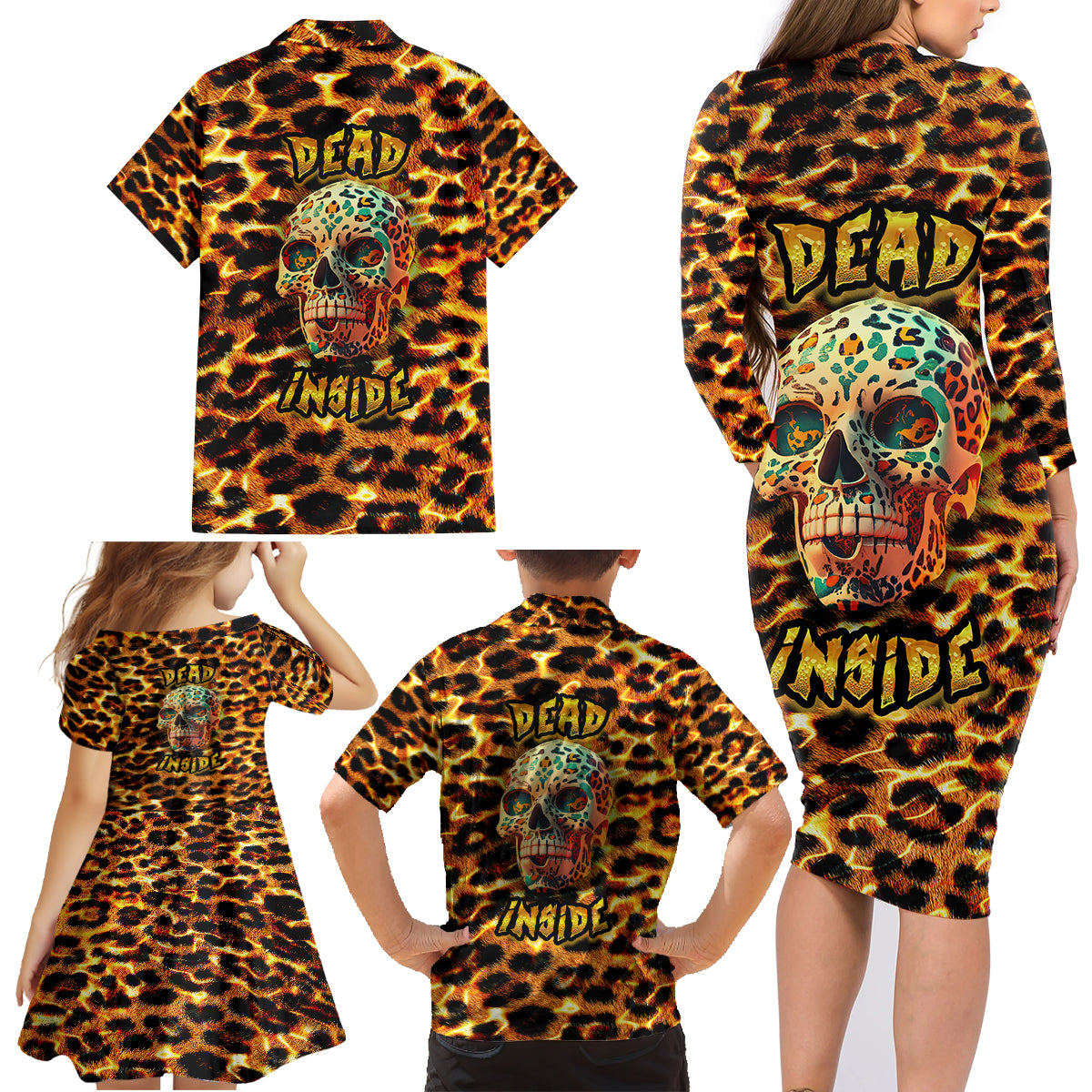 Leopard Skull Family Matching Long Sleeve Bodycon Dress and Hawaiian Shirt Dead Inside - Wonder Print Shop
