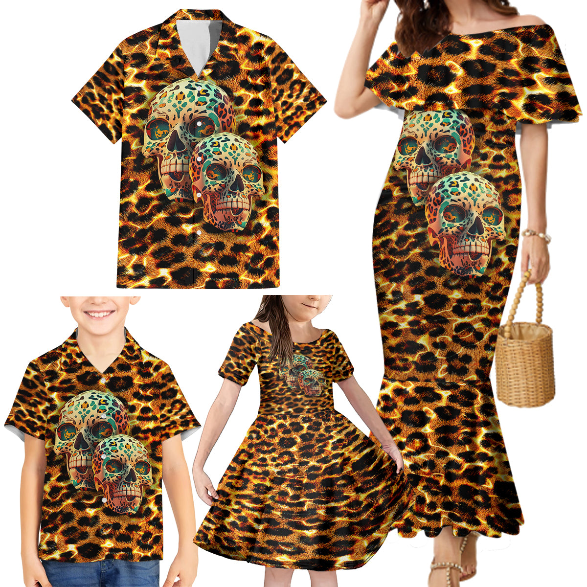 Leopard Skull Family Matching Mermaid Dress and Hawaiian Shirt Dead Inside - Wonder Print Shop