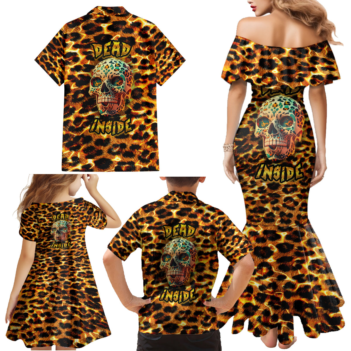 Leopard Skull Family Matching Mermaid Dress and Hawaiian Shirt Dead Inside - Wonder Print Shop