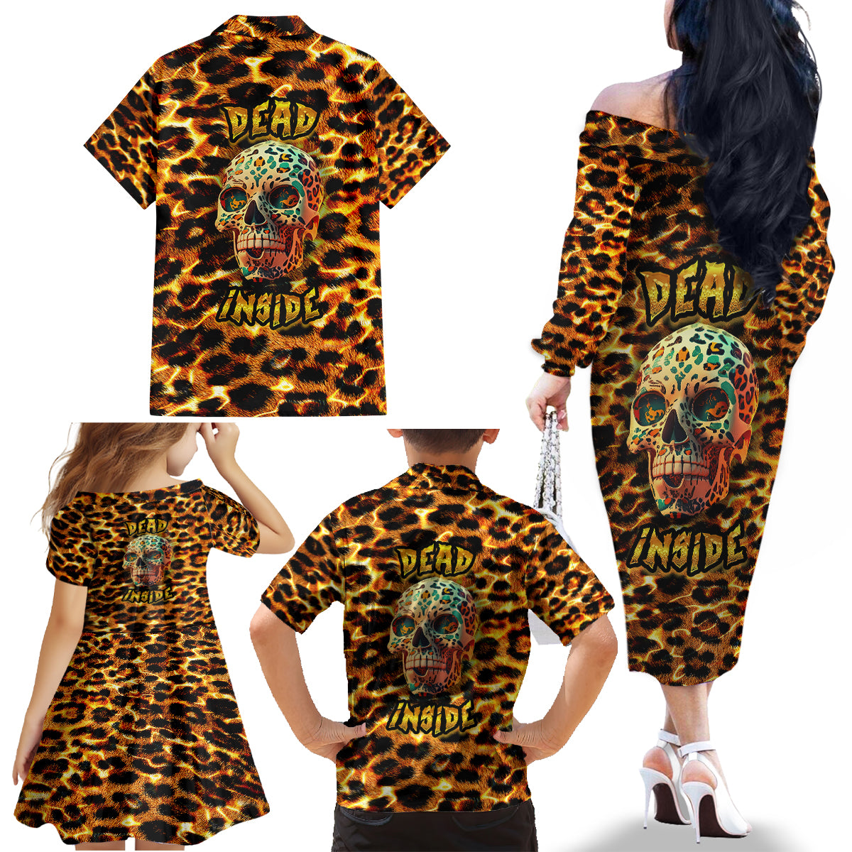 Leopard Skull Family Matching Off Shoulder Long Sleeve Dress and Hawaiian Shirt Dead Inside - Wonder Print Shop