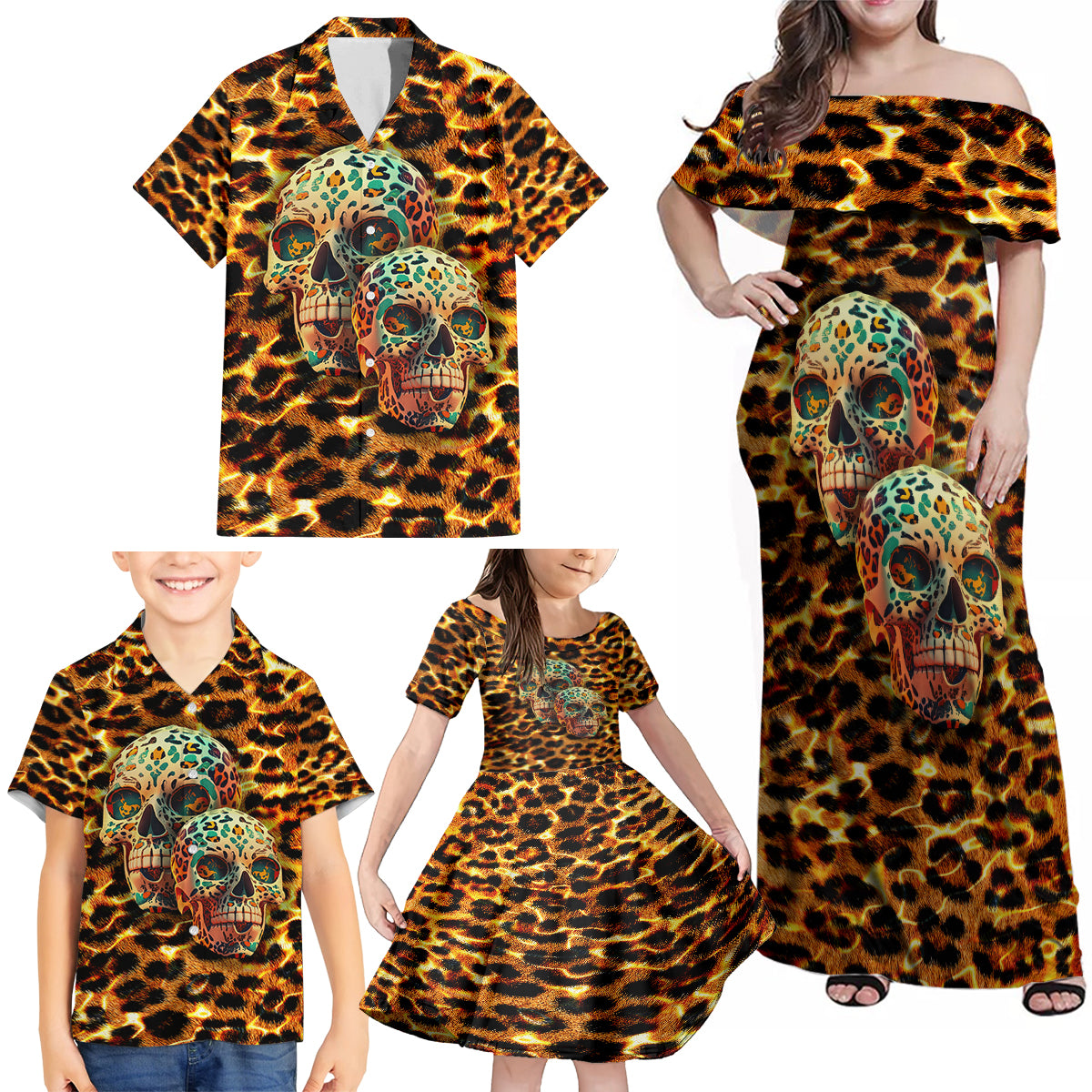 Leopard Skull Family Matching Off Shoulder Maxi Dress and Hawaiian Shirt Dead Inside - Wonder Print Shop
