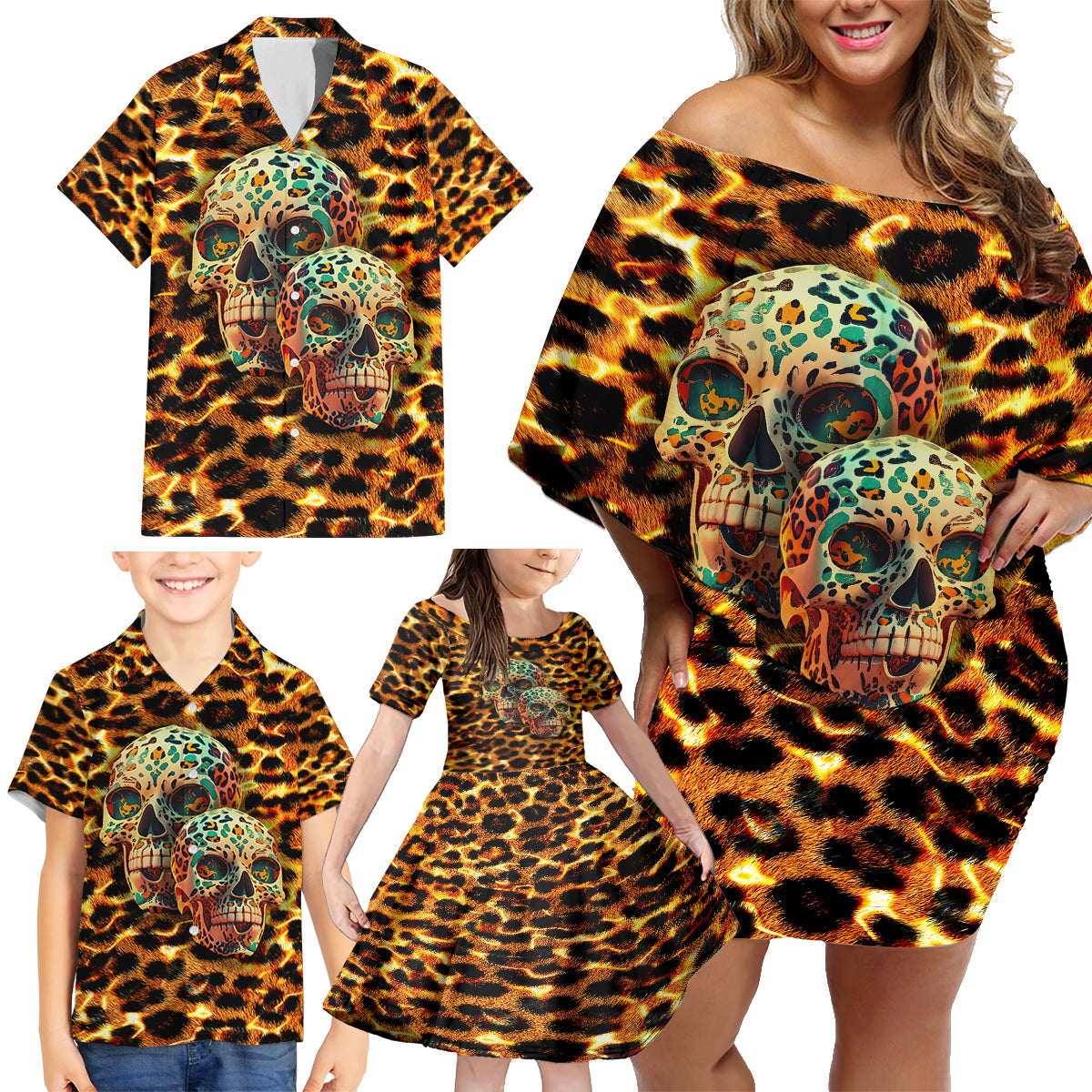 Leopard Skull Family Matching Off Shoulder Short Dress and Hawaiian Shirt Dead Inside - Wonder Print Shop