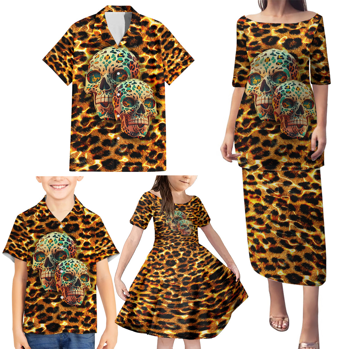 Leopard Skull Family Matching Puletasi Dress and Hawaiian Shirt Dead Inside - Wonder Print Shop