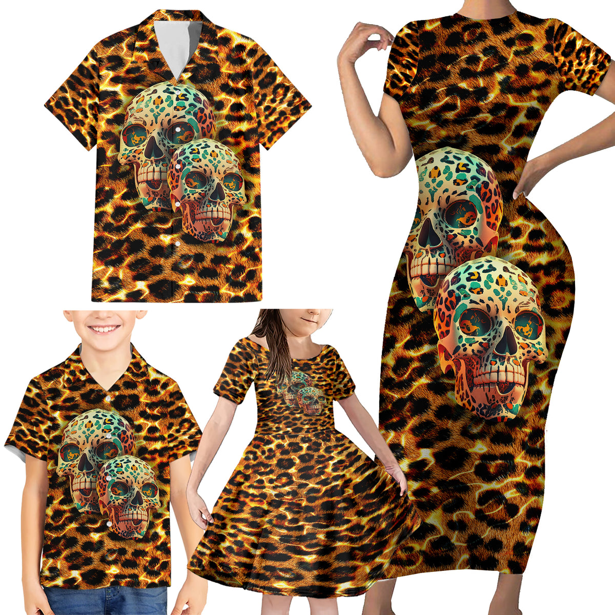 Leopard Skull Family Matching Short Sleeve Bodycon Dress and Hawaiian Shirt Dead Inside - Wonder Print Shop