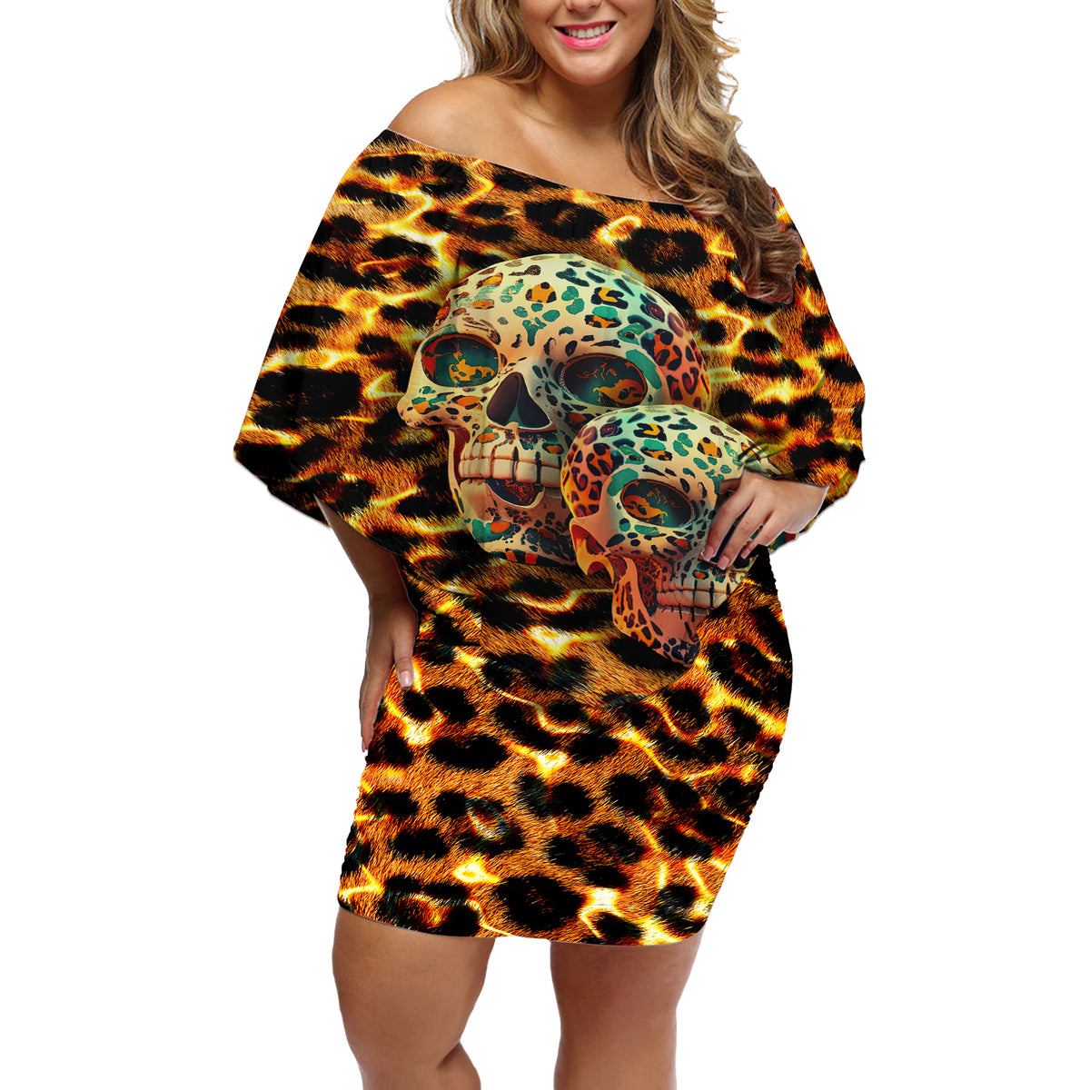Leopard Skull Off Shoulder Short Dress Dead Inside - Wonder Print Shop
