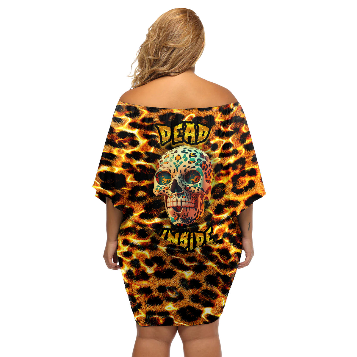 Leopard Skull Off Shoulder Short Dress Dead Inside - Wonder Print Shop