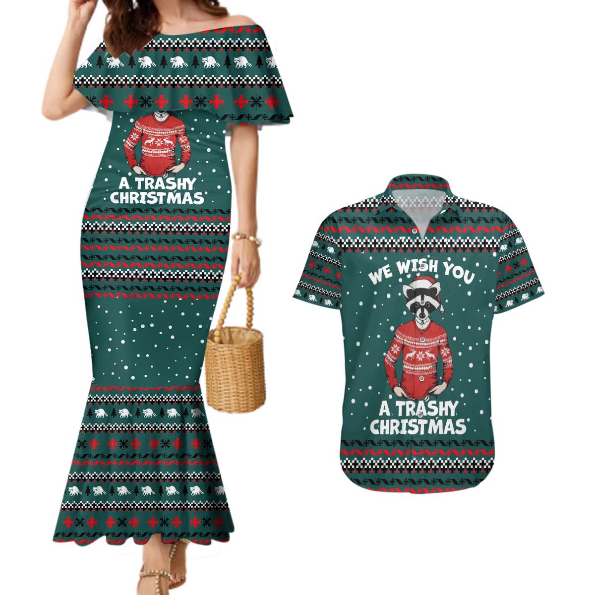 A Trashy Christmas Couples Matching Mermaid Dress and Hawaiian Shirt Xmas Holiday Patterns - Wonder Print Shop