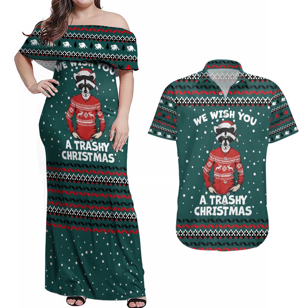 A Trashy Christmas Couples Matching Off Shoulder Maxi Dress and Hawaiian Shirt Xmas Holiday Patterns - Wonder Print Shop