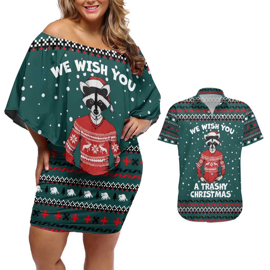 A Trashy Christmas Couples Matching Off Shoulder Short Dress and Hawaiian Shirt Xmas Holiday Patterns - Wonder Print Shop