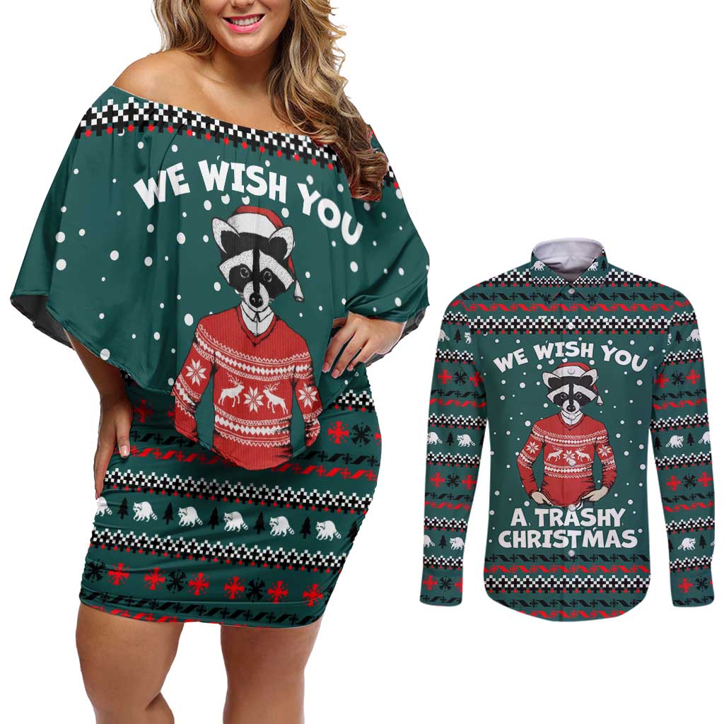 A Trashy Christmas Couples Matching Off Shoulder Short Dress and Long Sleeve Button Shirt Xmas Holiday Patterns - Wonder Print Shop