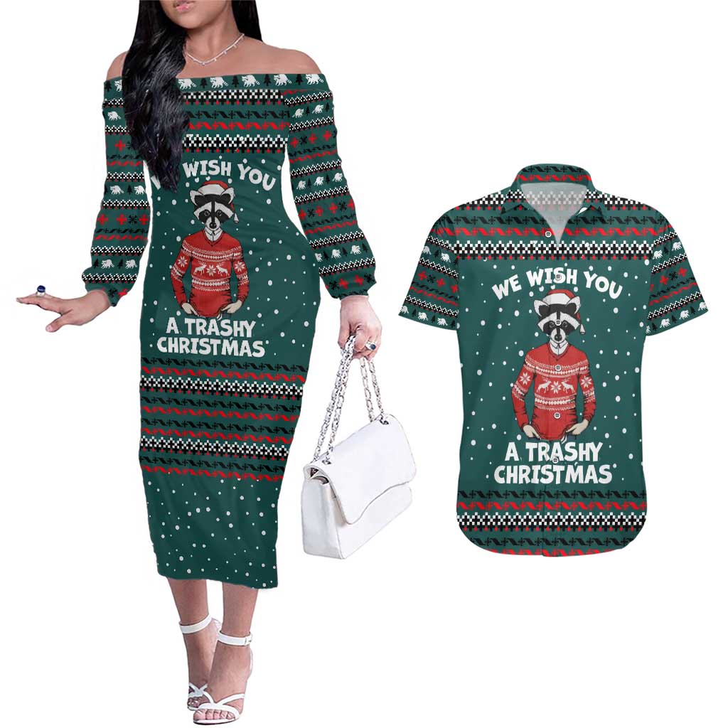 A Trashy Christmas Couples Matching Off The Shoulder Long Sleeve Dress and Hawaiian Shirt Xmas Holiday Patterns - Wonder Print Shop