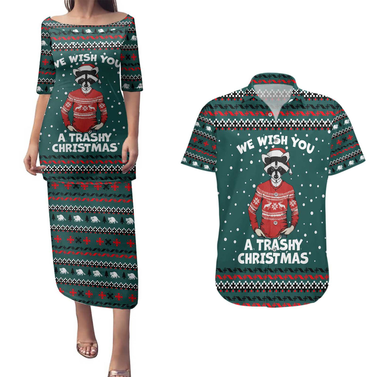 A Trashy Christmas Couples Matching Puletasi and Hawaiian Shirt Xmas Holiday Patterns - Wonder Print Shop