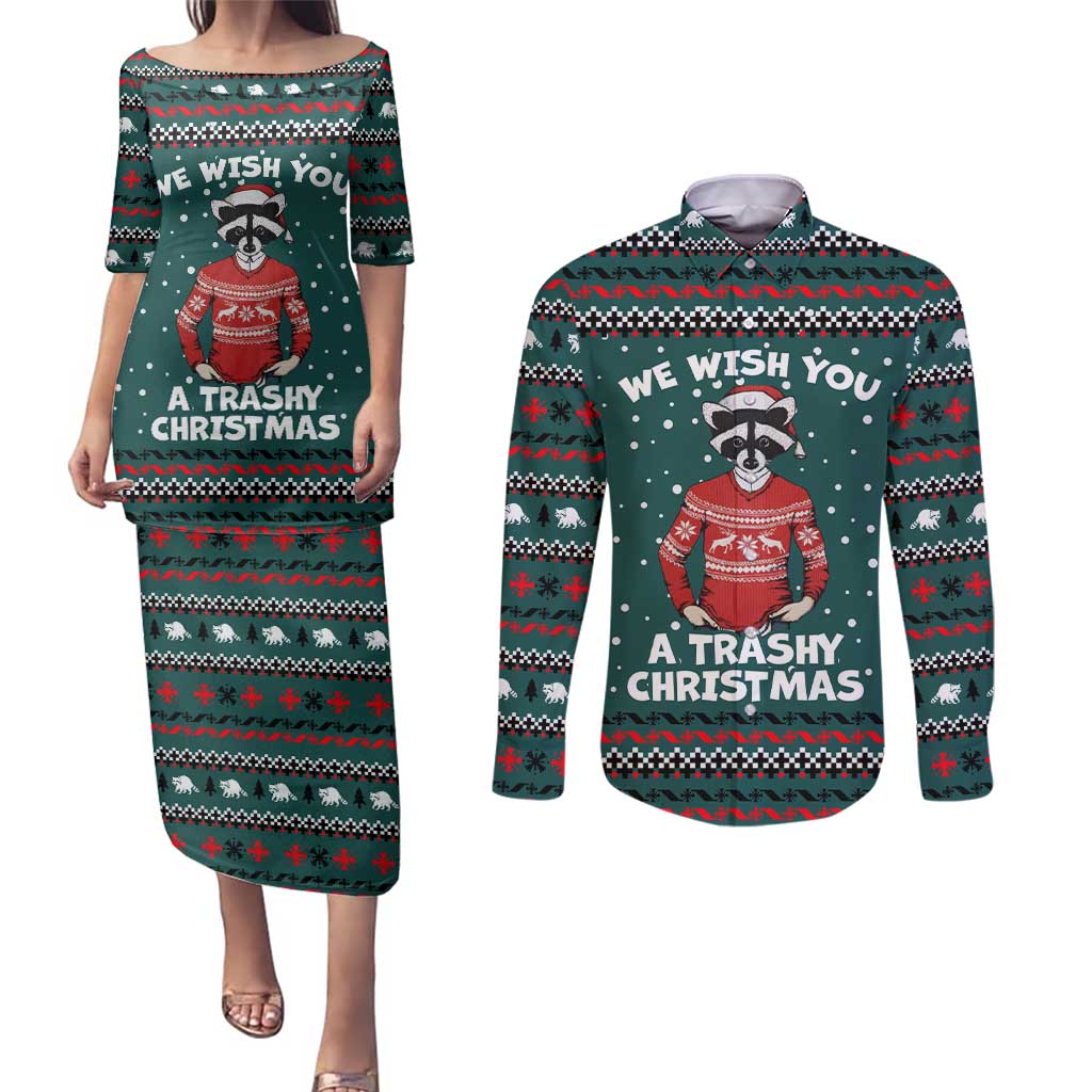 A Trashy Christmas Couples Matching Puletasi and Long Sleeve Button Shirt Xmas Holiday Patterns - Wonder Print Shop