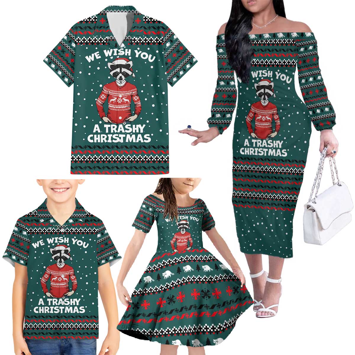 A Trashy Christmas Family Matching Off The Shoulder Long Sleeve Dress and Hawaiian Shirt Xmas Holiday Patterns - Wonder Print Shop