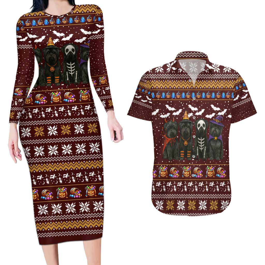 Affenpinscher Dog Halloween Christmas Couples Matching Long Sleeve Bodycon Dress and Hawaiian Shirt Xmas Holiday Patterns - Wonder Print Shop