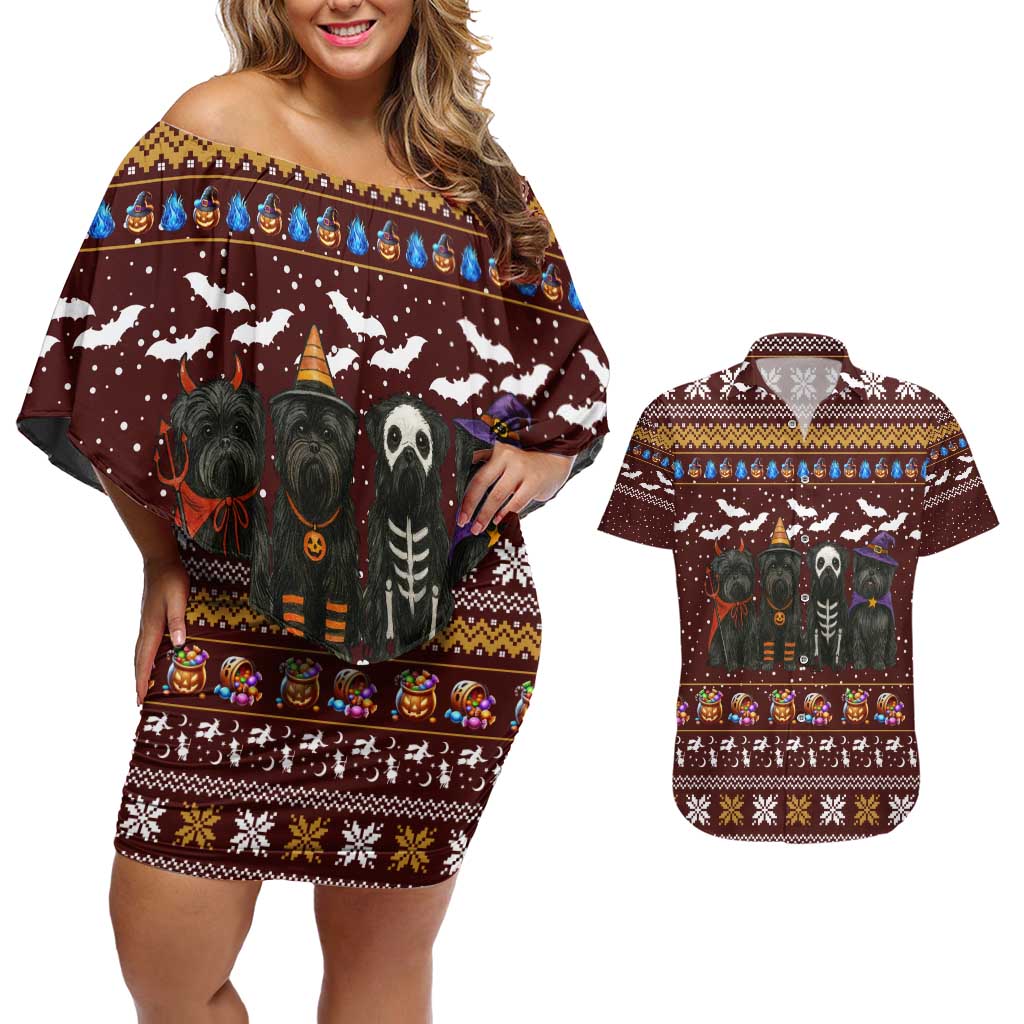 Affenpinscher Dog Halloween Christmas Couples Matching Off Shoulder Short Dress and Hawaiian Shirt Xmas Holiday Patterns - Wonder Print Shop