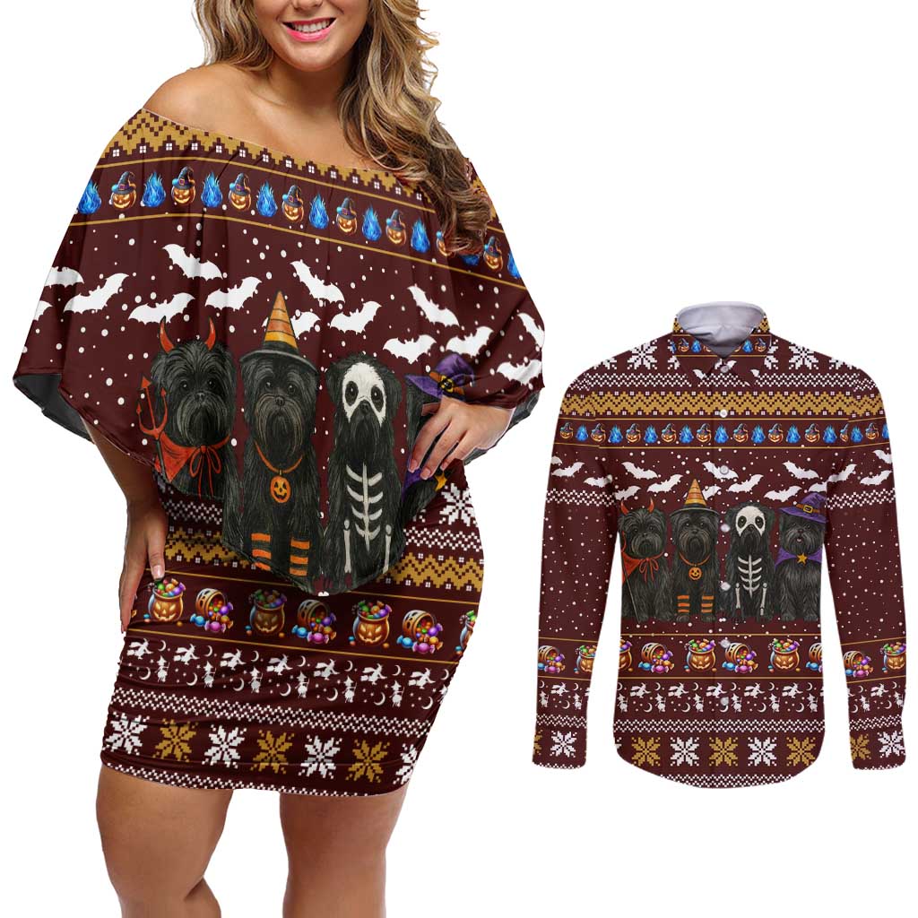Affenpinscher Dog Halloween Christmas Couples Matching Off Shoulder Short Dress and Long Sleeve Button Shirt Xmas Holiday Patterns - Wonder Print Shop