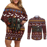 Affenpinscher Dog Halloween Christmas Couples Matching Off Shoulder Short Dress and Long Sleeve Button Shirt Xmas Holiday Patterns - Wonder Print Shop