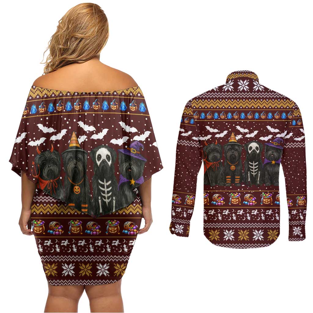 Affenpinscher Dog Halloween Christmas Couples Matching Off Shoulder Short Dress and Long Sleeve Button Shirt Xmas Holiday Patterns - Wonder Print Shop