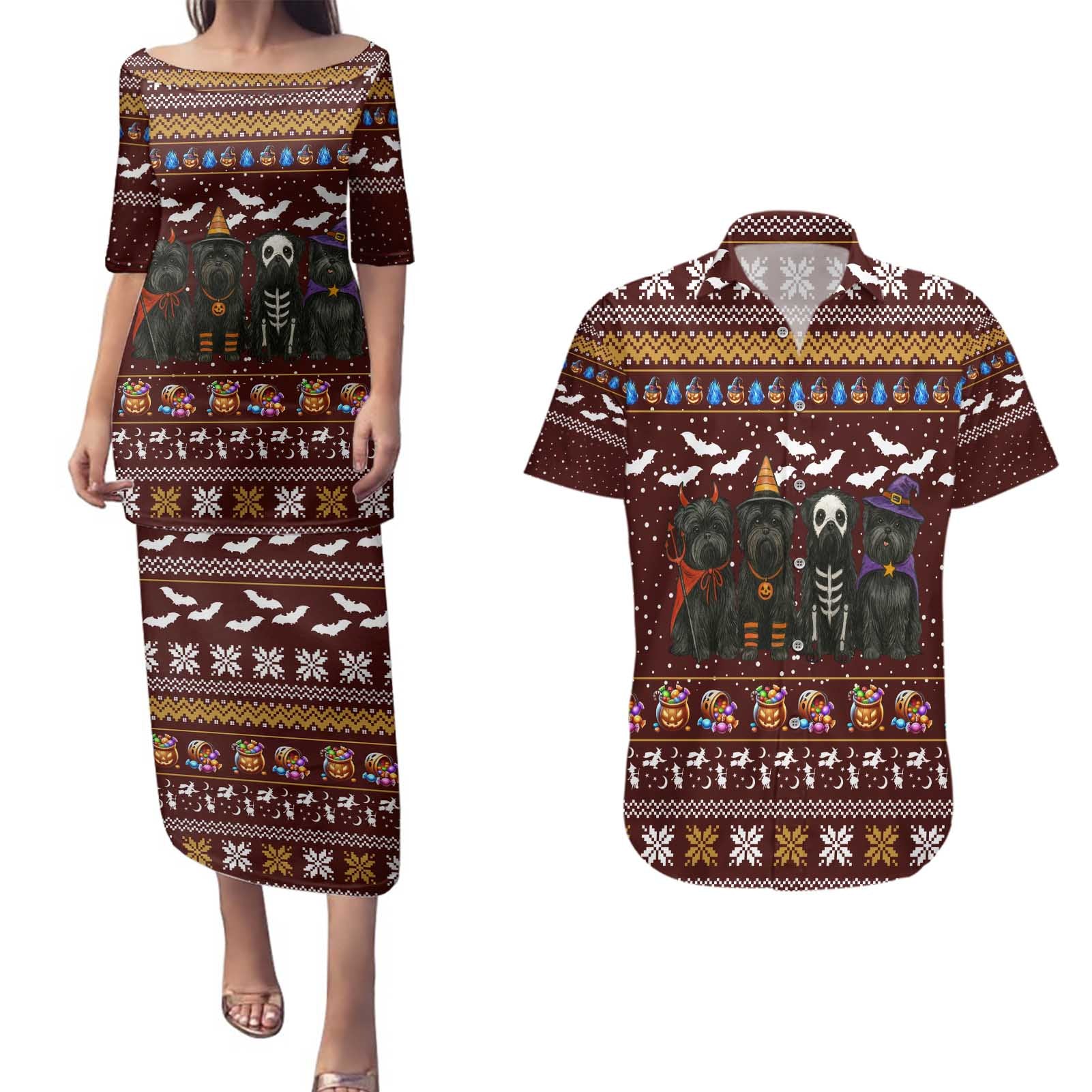 Affenpinscher Dog Halloween Christmas Couples Matching Puletasi and Hawaiian Shirt Xmas Holiday Patterns - Wonder Print Shop