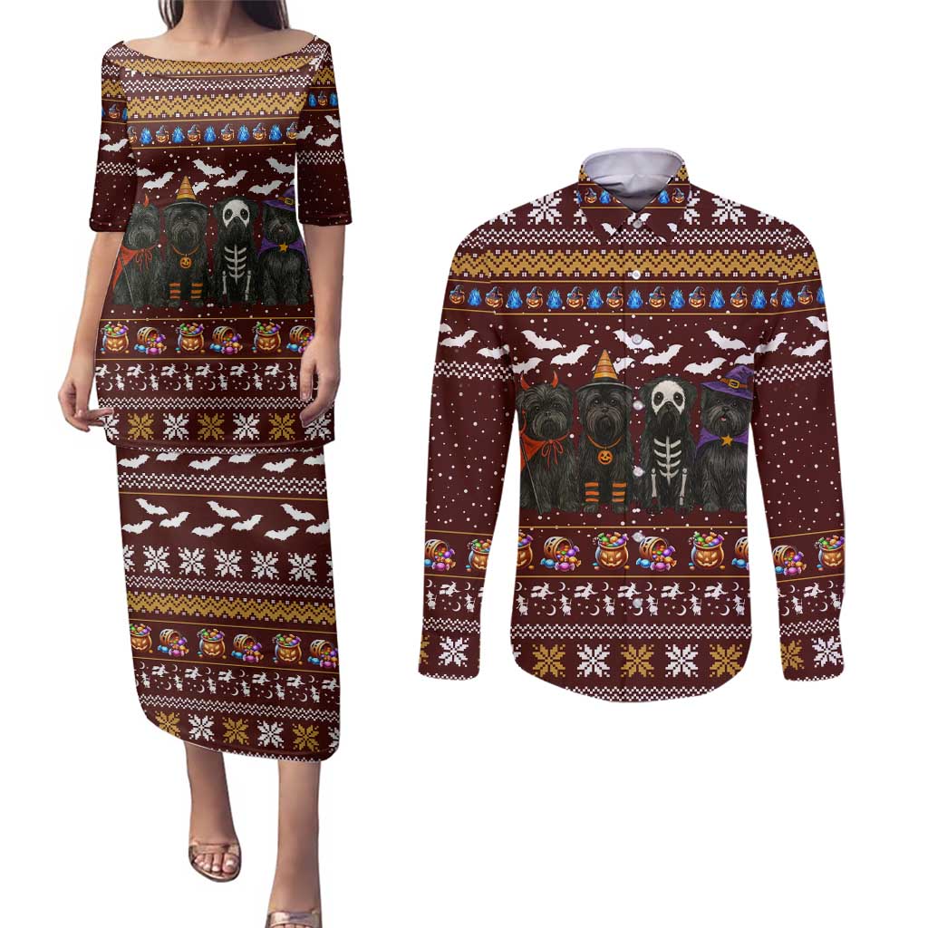 Affenpinscher Dog Halloween Christmas Couples Matching Puletasi and Long Sleeve Button Shirt Xmas Holiday Patterns - Wonder Print Shop