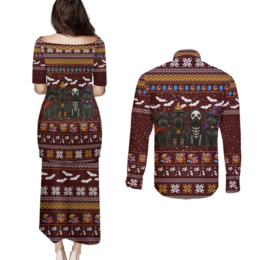 Affenpinscher Dog Halloween Christmas Couples Matching Puletasi and Long Sleeve Button Shirt Xmas Holiday Patterns - Wonder Print Shop