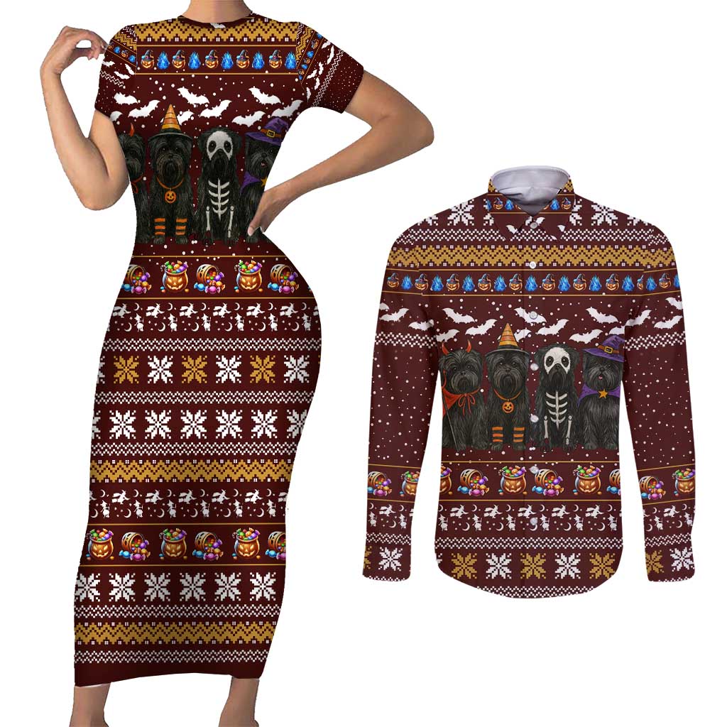 Affenpinscher Dog Halloween Christmas Couples Matching Short Sleeve Bodycon Dress and Long Sleeve Button Shirt Xmas Holiday Patterns - Wonder Print Shop