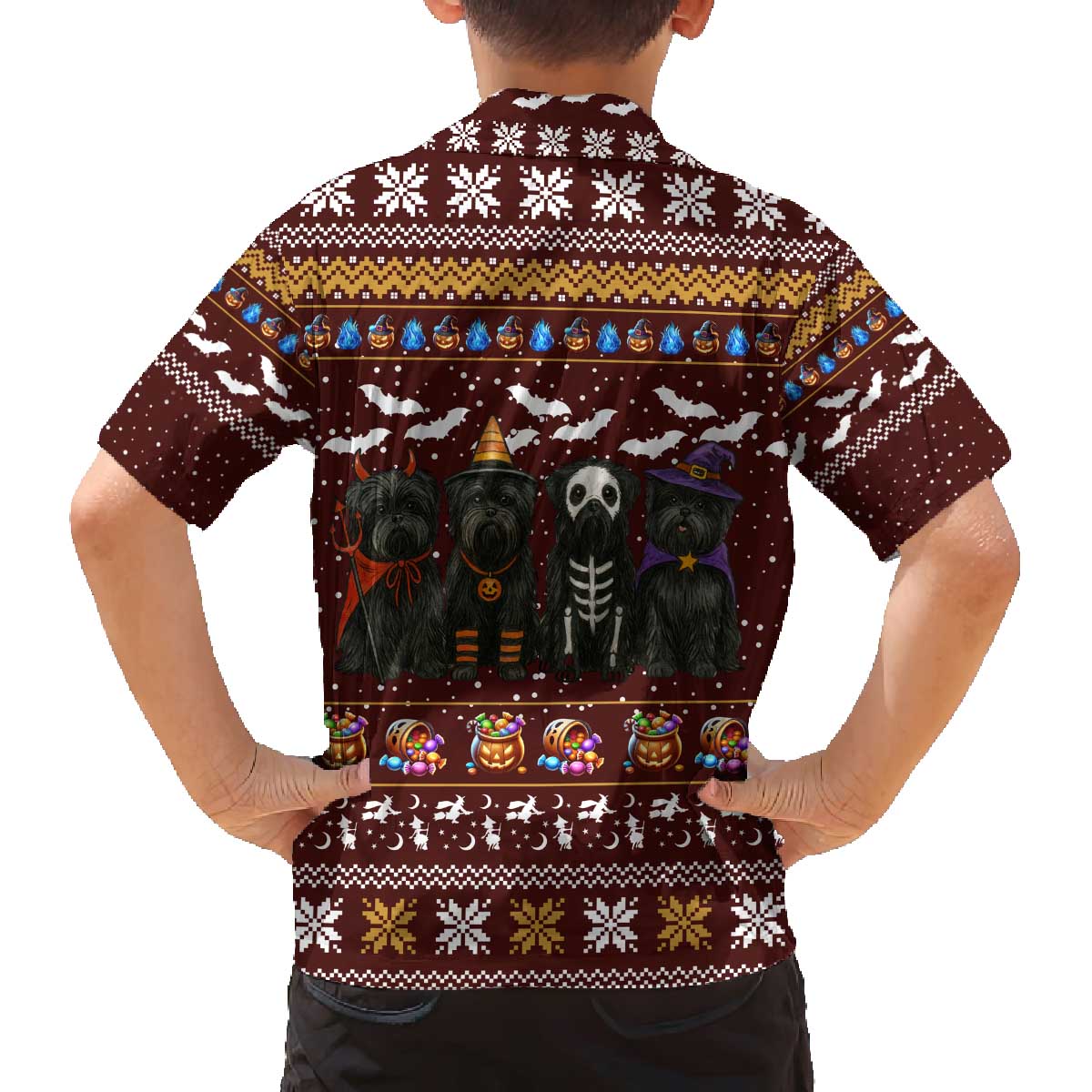 Affenpinscher Dog Halloween Christmas Family Matching Off The Shoulder Long Sleeve Dress and Hawaiian Shirt Xmas Holiday Patterns - Wonder Print Shop