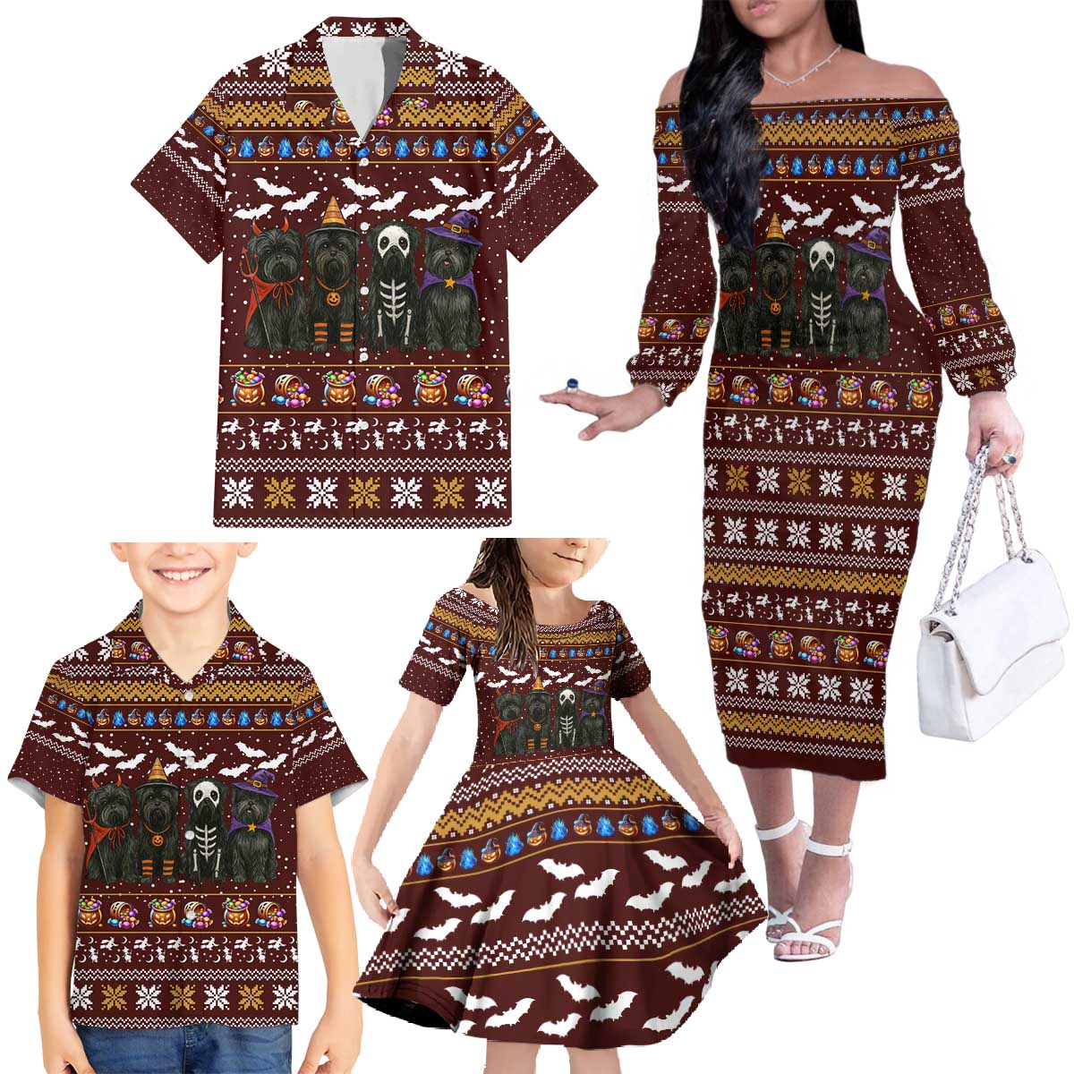 Affenpinscher Dog Halloween Christmas Family Matching Off The Shoulder Long Sleeve Dress and Hawaiian Shirt Xmas Holiday Patterns - Wonder Print Shop
